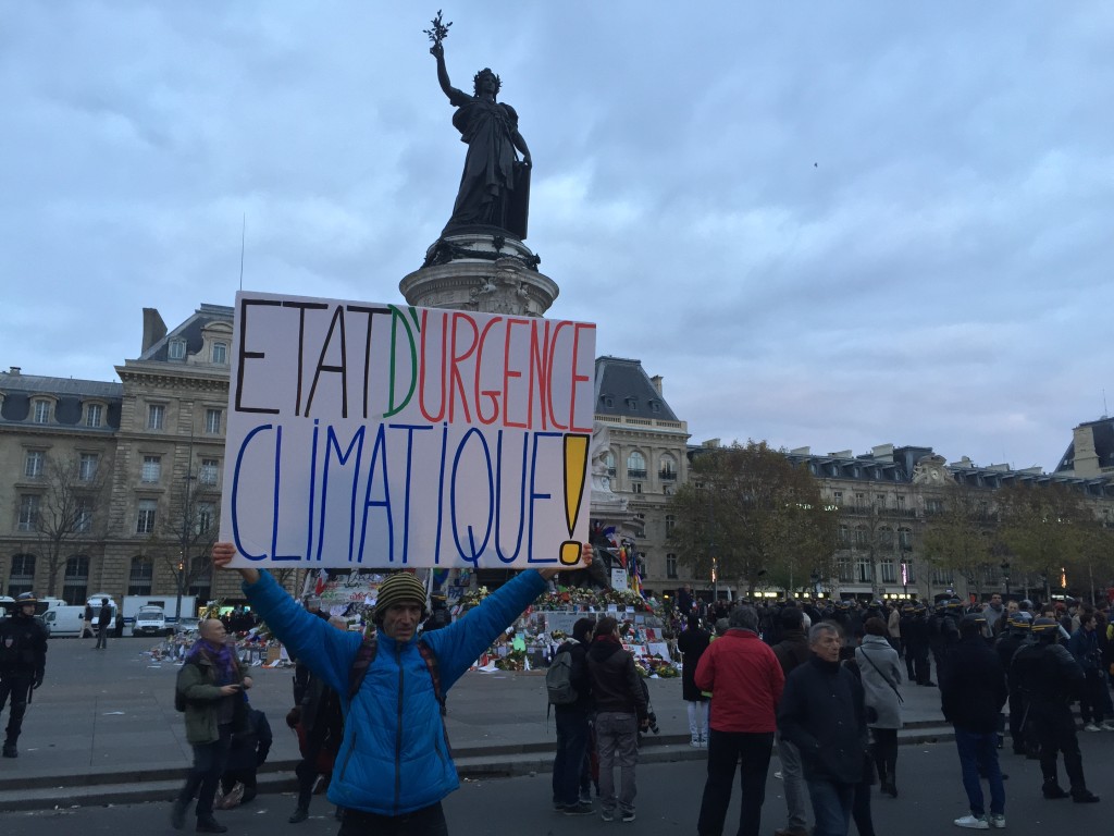 "Climate State of Emergency" sign at Place de la Republique
